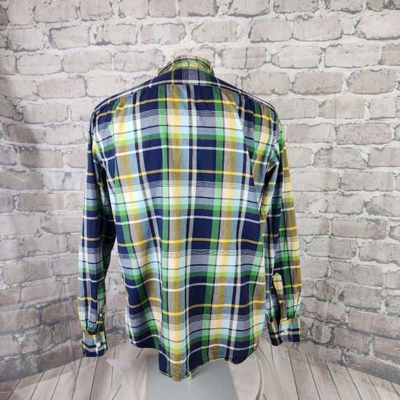 J.Crew Button Front Plaid Shirt Tailored Fit Cotton Blue Green Yellow Size Large - Picture 10 of 11